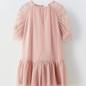 Zara Kids Pink Glittery Tulle Dress with Puff Sleeves